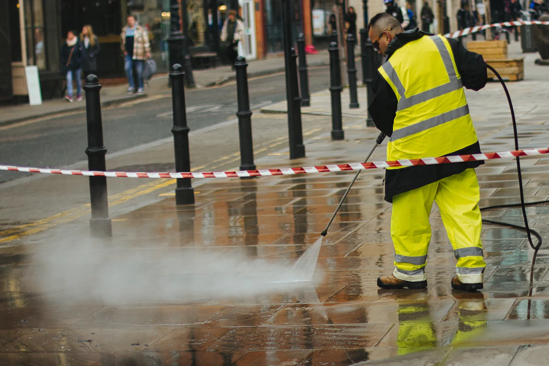 Professional pressure washing of a commercial exterior surface