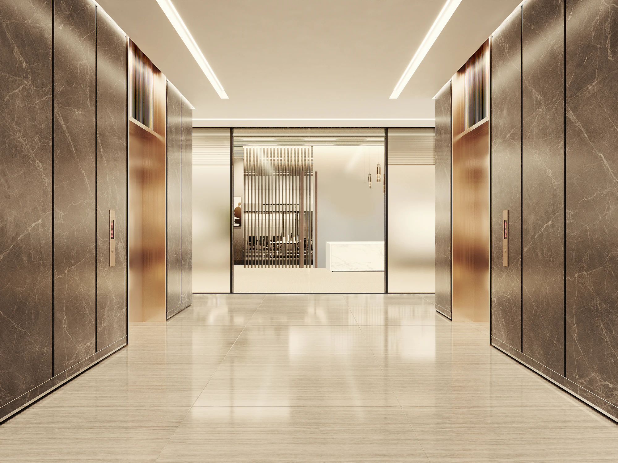 Modern commercial facility lobby with highly polished floors